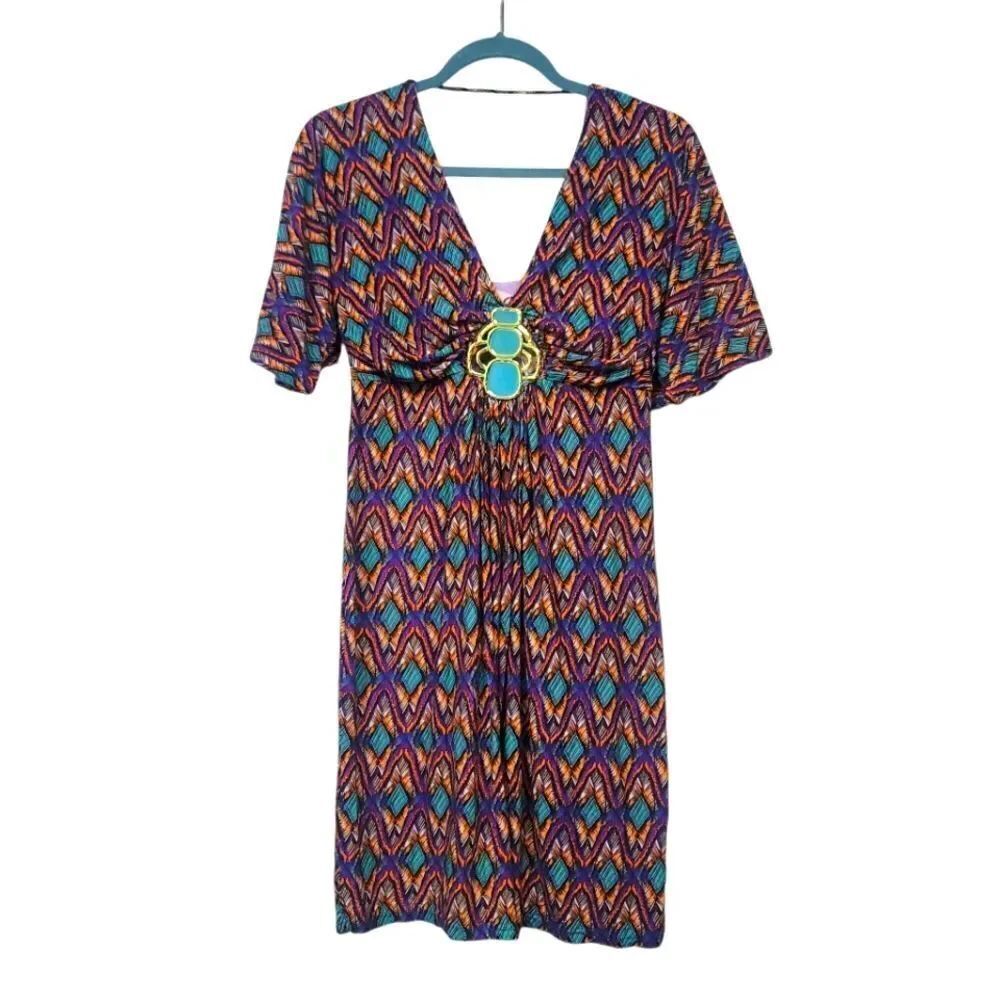 Umgee Multicolor V-Neck Dress with Geometric Pattern, Medium